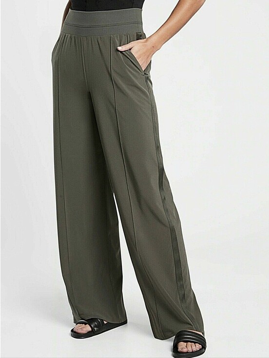Athleta Pants - Athleta Nolita Wide Leg Pants 12 Tuxedo Stripe Olive Green Lightweight Trousers